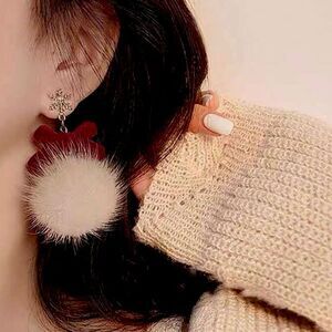 Holiday Christmas Vegan Fur Ball Red Bow Dangle Drop Earrings